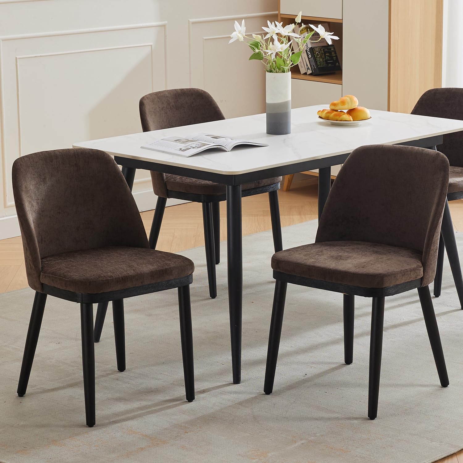 Garvee, set di 2 sedie da pranzo moderne, rivestimento in lino, schienale curvo, gambe in legno, sedia beige per cucina e soggiorno