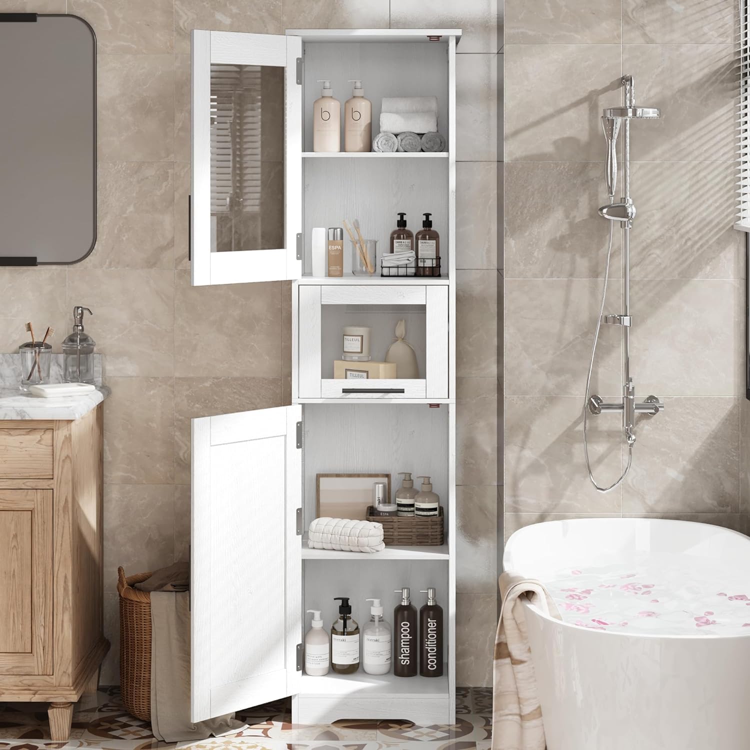 Garvee Mobiletto Bagno Alto Stretto 67in, Vetro, Ripiani Regolabili, MDF, Design Moderno, Antiribaltamento, Bianco, Spazi Ristretti