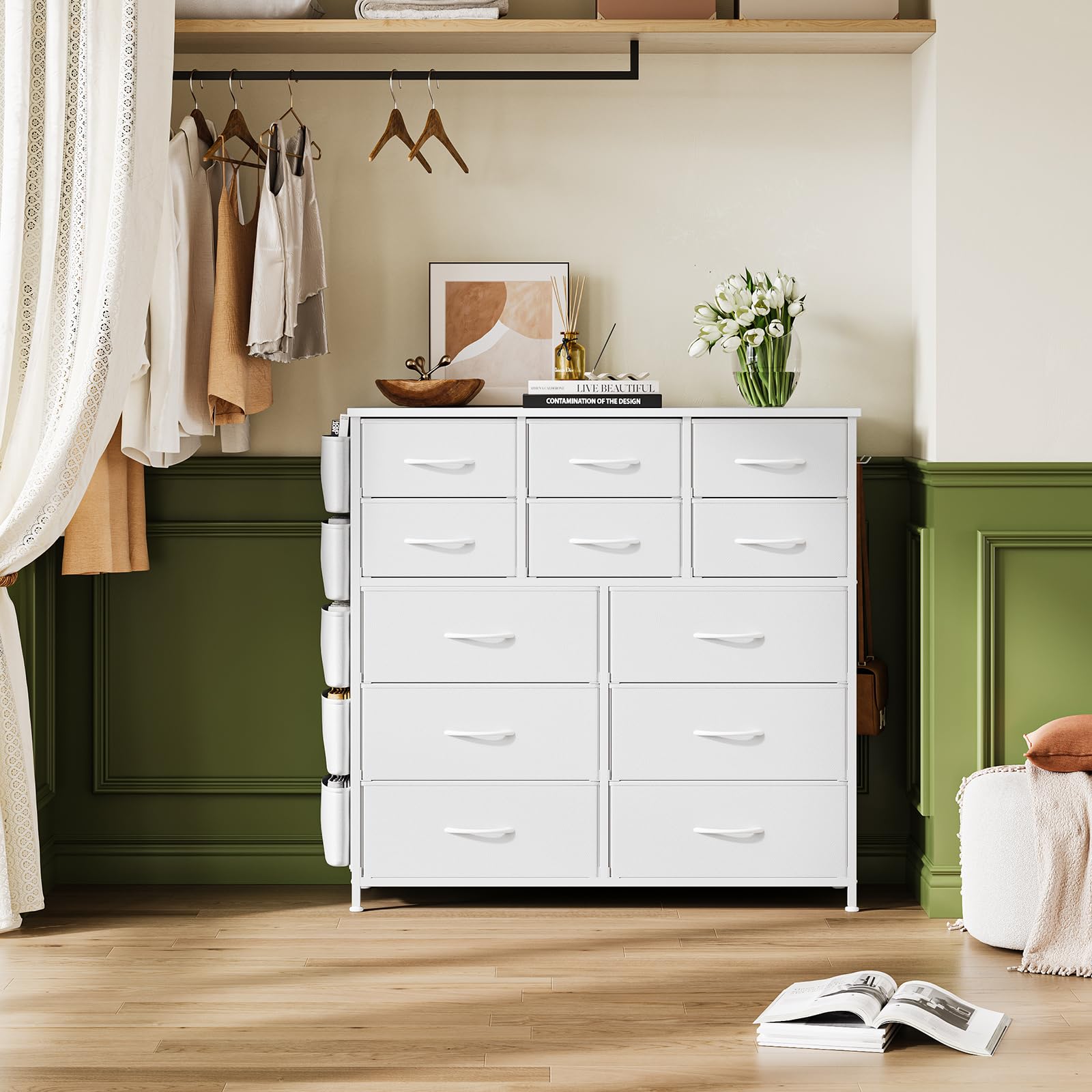 Cassettiera in tessuto Garvee bianca a 12 cassetti con tasche laterali per camera da letto e soggiorno, robusta, leggera, versatile