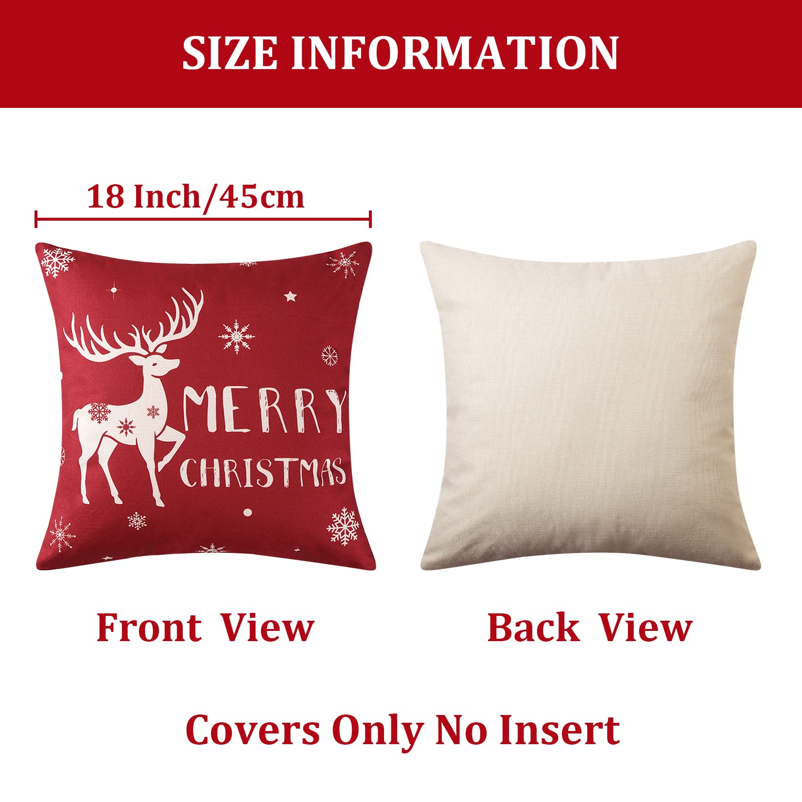 Federe natalizie GARVEE 45x45 cm, set da 4 pezzi, motivo fiocchi di neve rossi e cervi, in cotone, per la casa e le feste