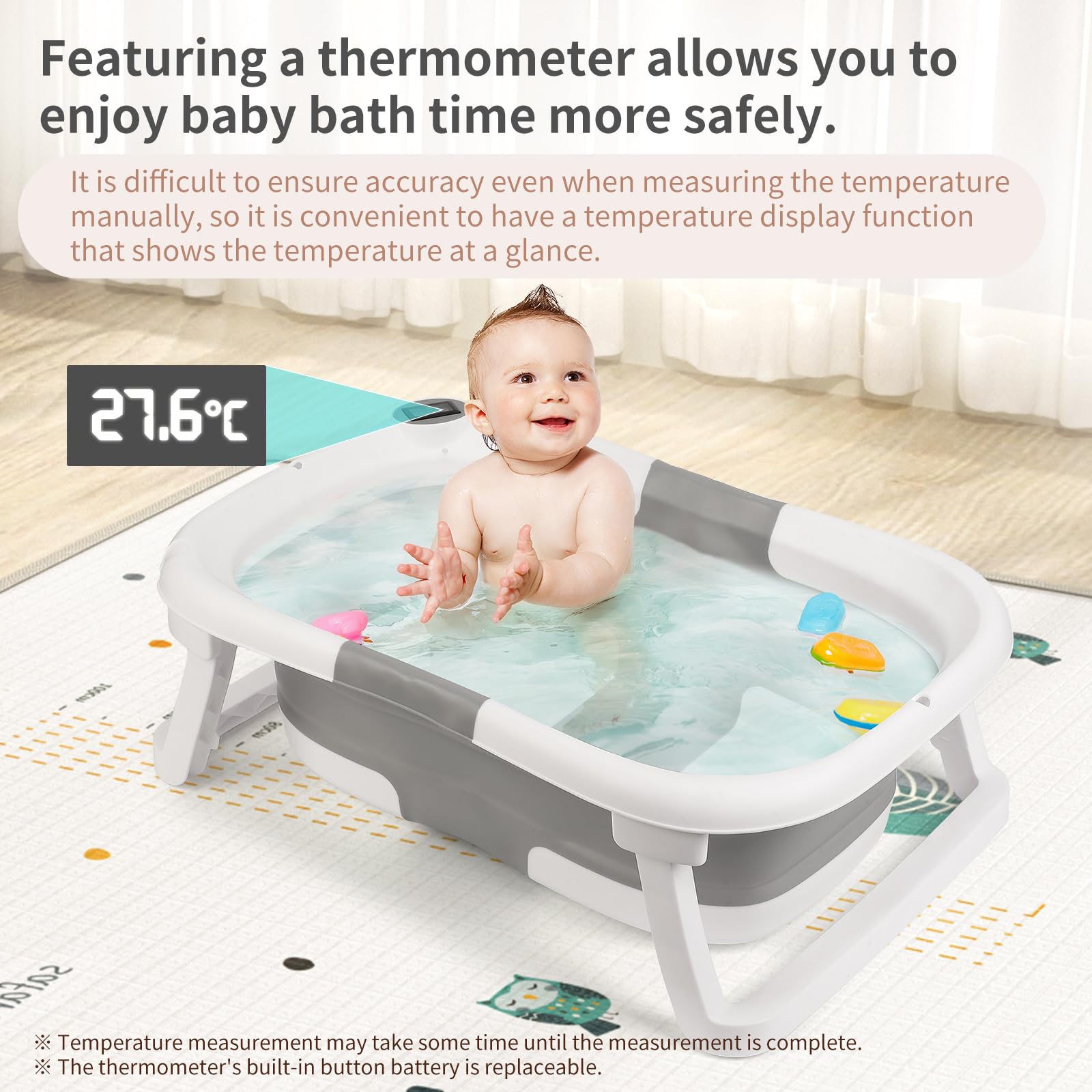 GARVEE Vasca da bagno per neonati, pieghevole e salvaspazio, con termometro e tappetino antiscivolo per neonati e bambini piccoli, grigio