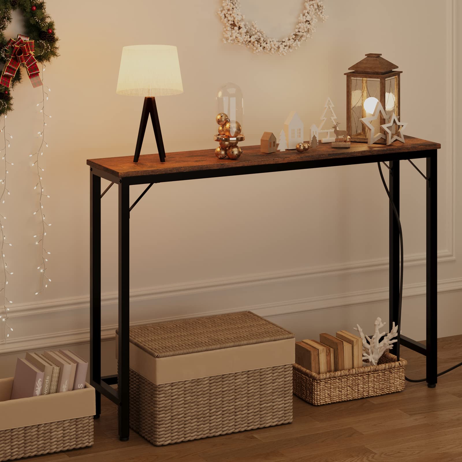 Consolle stretta Garvee con USB e presa di corrente, in legno e metallo vintage, per corridoio e soggiorno, 100x23x80 cm