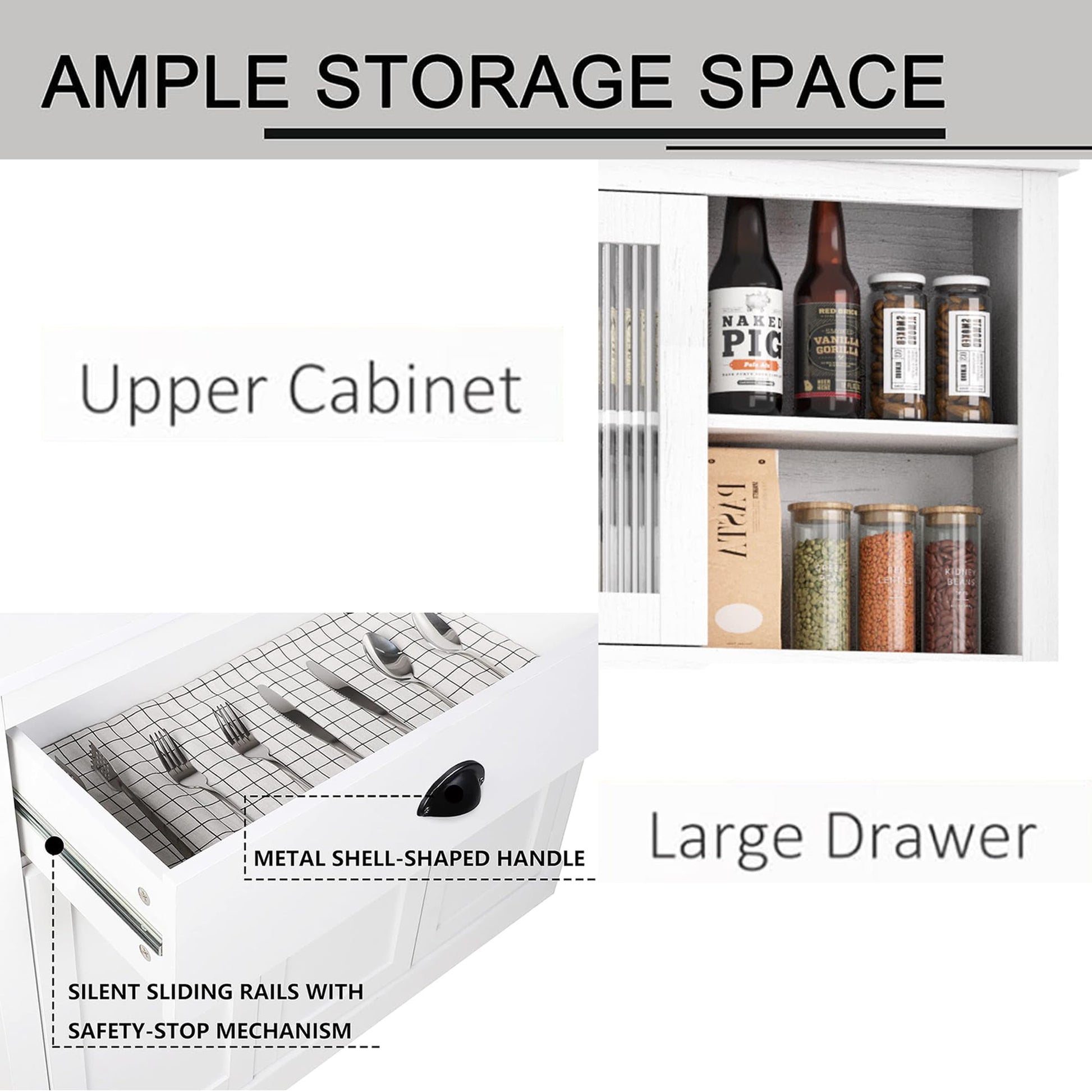 Mobile da cucina Garvee con cassetti e ripiani regolabili, dispensa alta 180 cm per cucina e sala da pranzo, materiale in truciolato ad alta densità, bianco