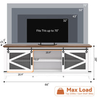 Mobile porta TV Garvee da 65" in stile rustico, bianco, con ante scorrevoli, ripiani regolabili per soggiorno, in MDF laminato