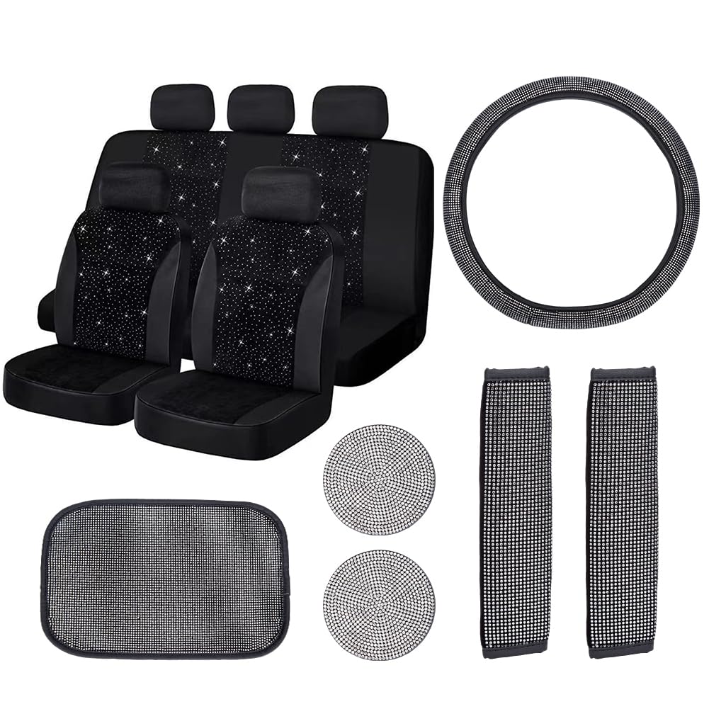 Set di coprisedili per auto Garvee, 15 pezzi, set completo scintillante, coprisedili traspiranti per auto, sedili anteriori, sedili posteriori, nero