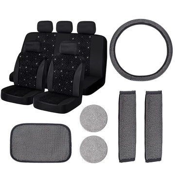 Set di coprisedili per auto Garvee, 15 pezzi, set completo scintillante, coprisedili traspiranti per auto, sedili anteriori, sedili posteriori, nero