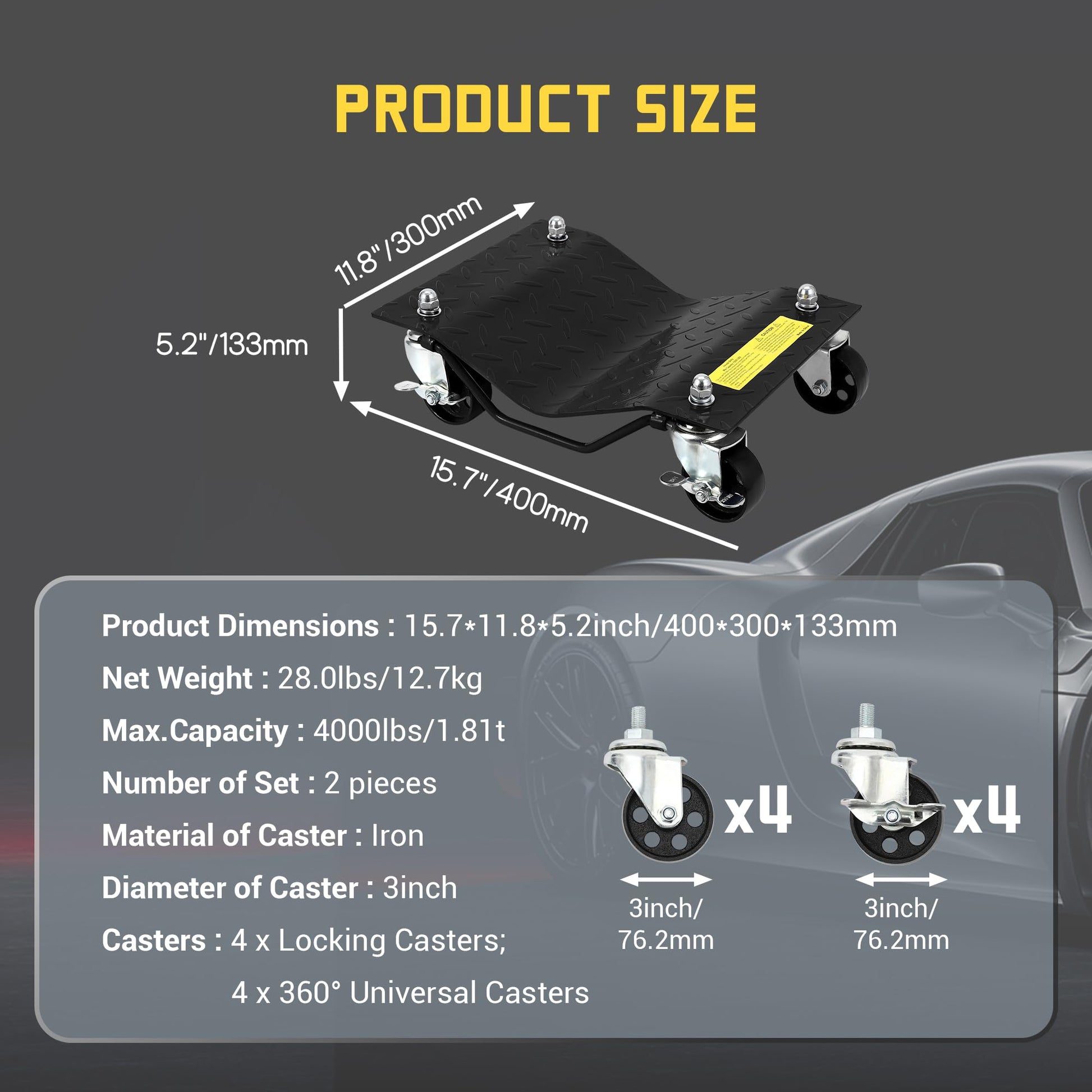 Garvee Auto Dolly Set, 2 pezzi, capacità di sollevamento 4000 libbre, con ruote in acciaio da 3" e protezioni per pneumatici per auto, SUV, ATV, garage, officine, nero