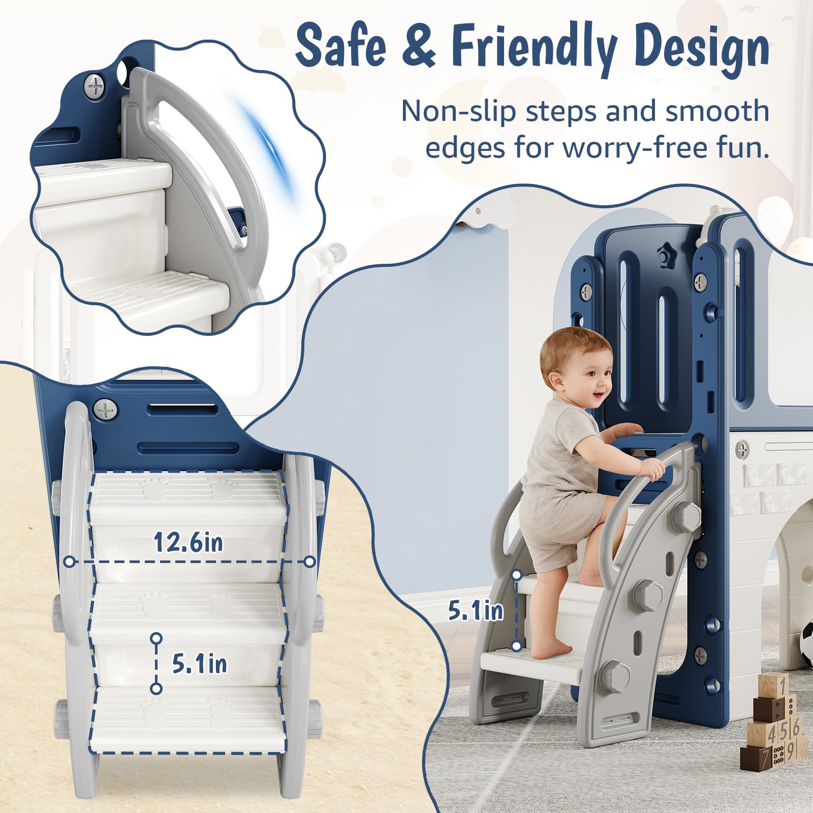 Garvee 8 in 1 Scivolo per bambini, set da gioco per interni ed esterni, con scala di arrampicata e canestro da basket, stabile, sicuro, HDPE, per giardino e soggiorno, colorato