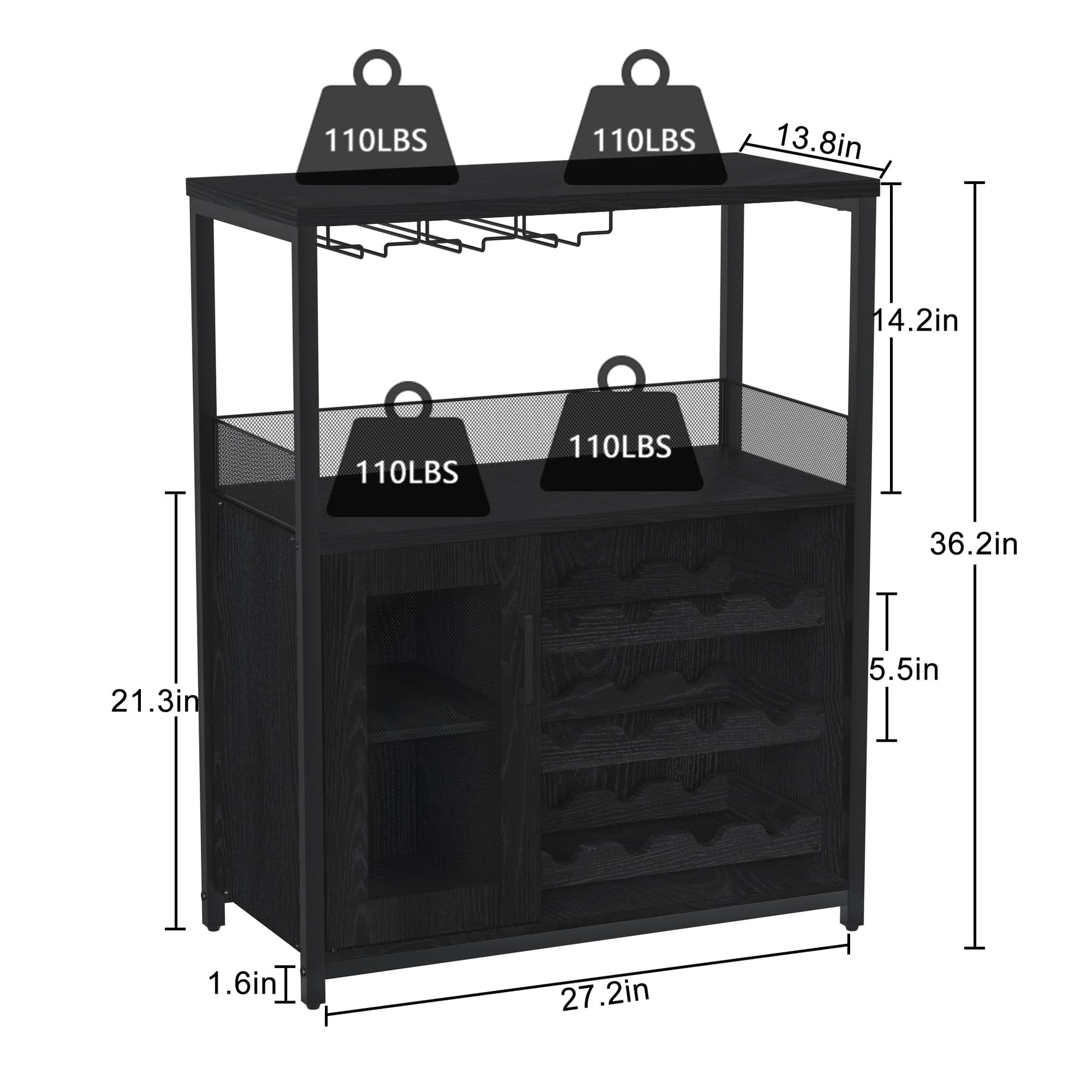 Mobile bar per vino Garvee a 3 ripiani con portabottiglie rimovibile, portabicchieri per cucina e bar, 27,2"L x 13,8"P x 36,2"A, MDF e ferro nero