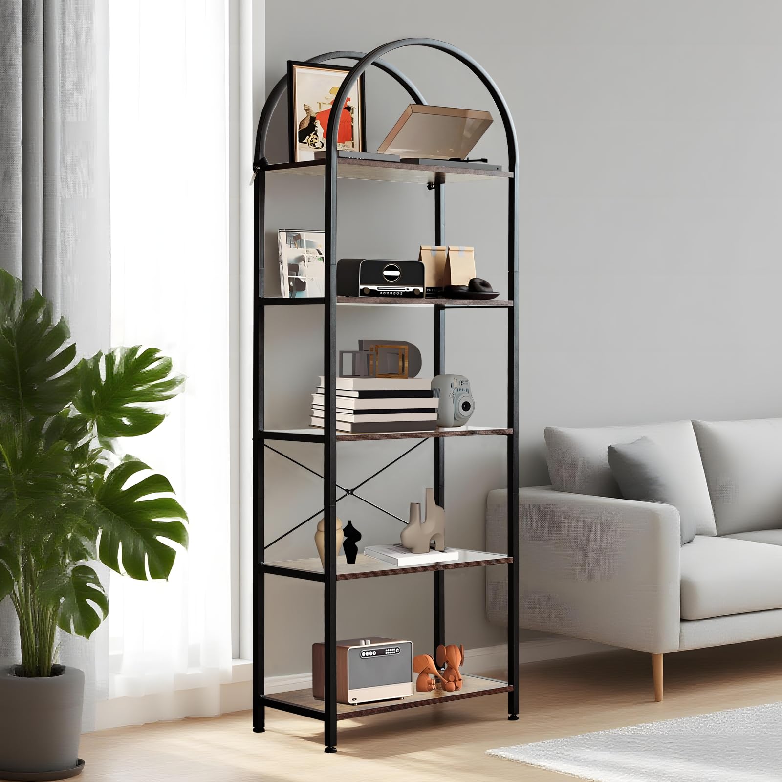 Libreria Garvee a 5 ripiani con arco, metallo robusto, grandi ripiani in legno per soggiorno e ufficio, 70,87" x 23,62" x 11,02", nero moderno