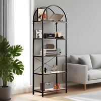 Libreria Garvee a 5 ripiani con arco, metallo robusto, grandi ripiani in legno per soggiorno e ufficio, 70,87" x 23,62" x 11,02", nero moderno