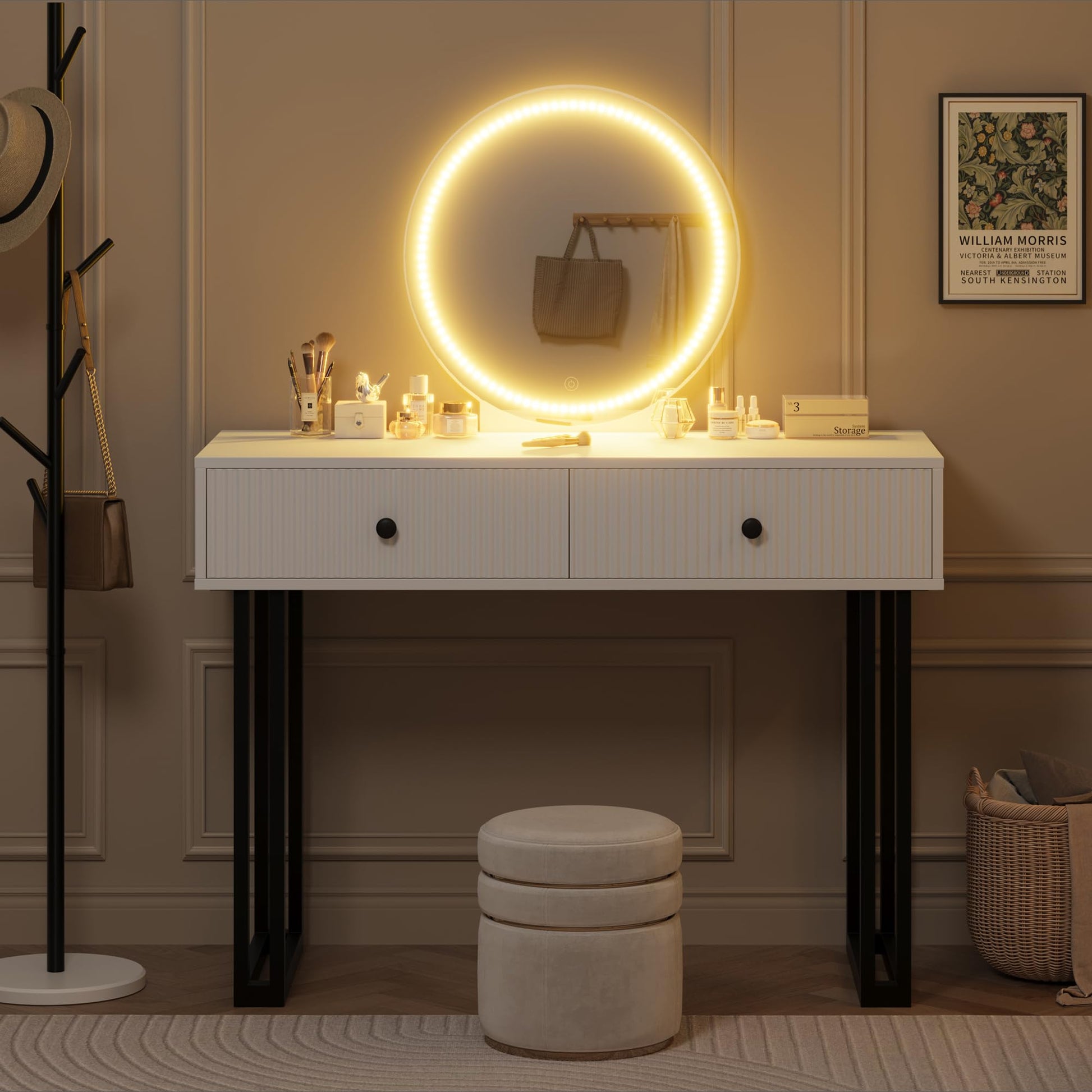 Toletta Garvee con specchio e luce LED a 3 colori, luminosità regolabile, 2 cassetti, superficie in MDF bianco, design moderno, camera da letto