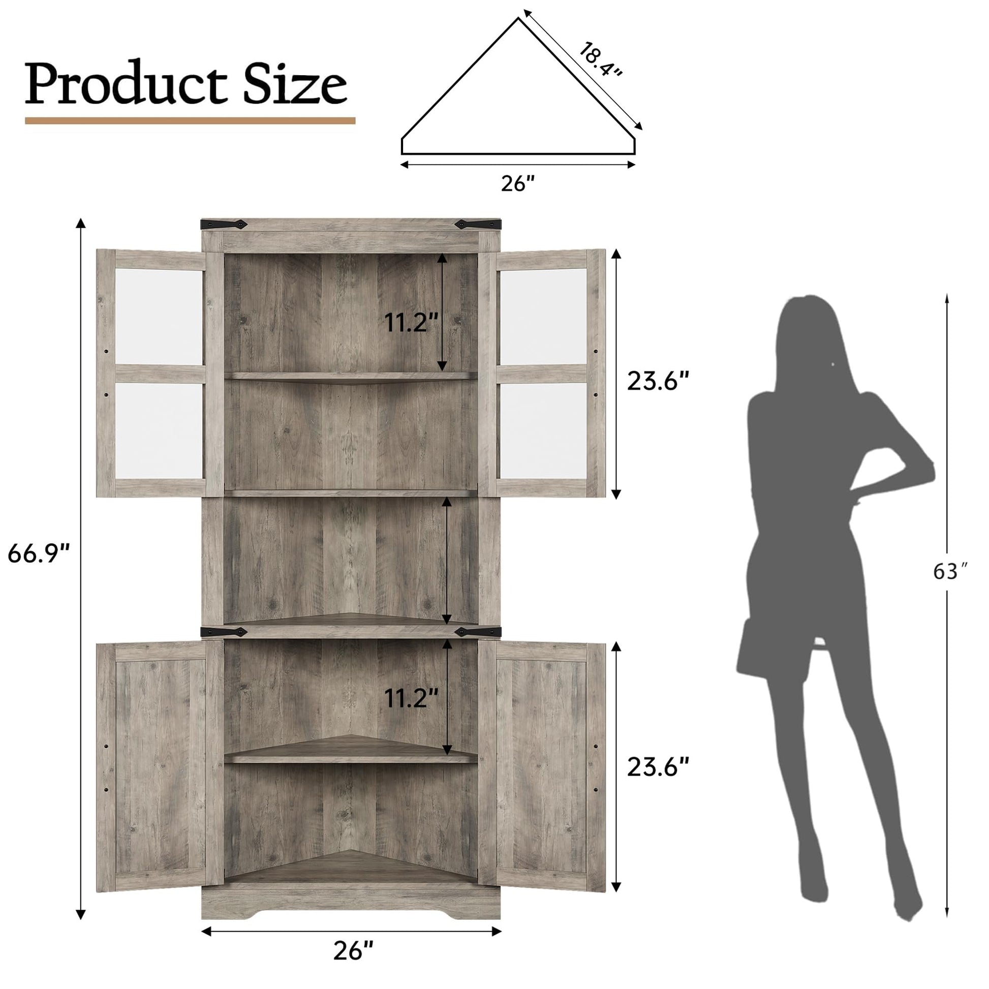 Mobiletto angolare alto Garvee in stile rustico con anta in vetro e ripiani regolabili per soggiorno e cucina, in legno impermeabile, salvaspazio, stabile, triangolare, bianco
