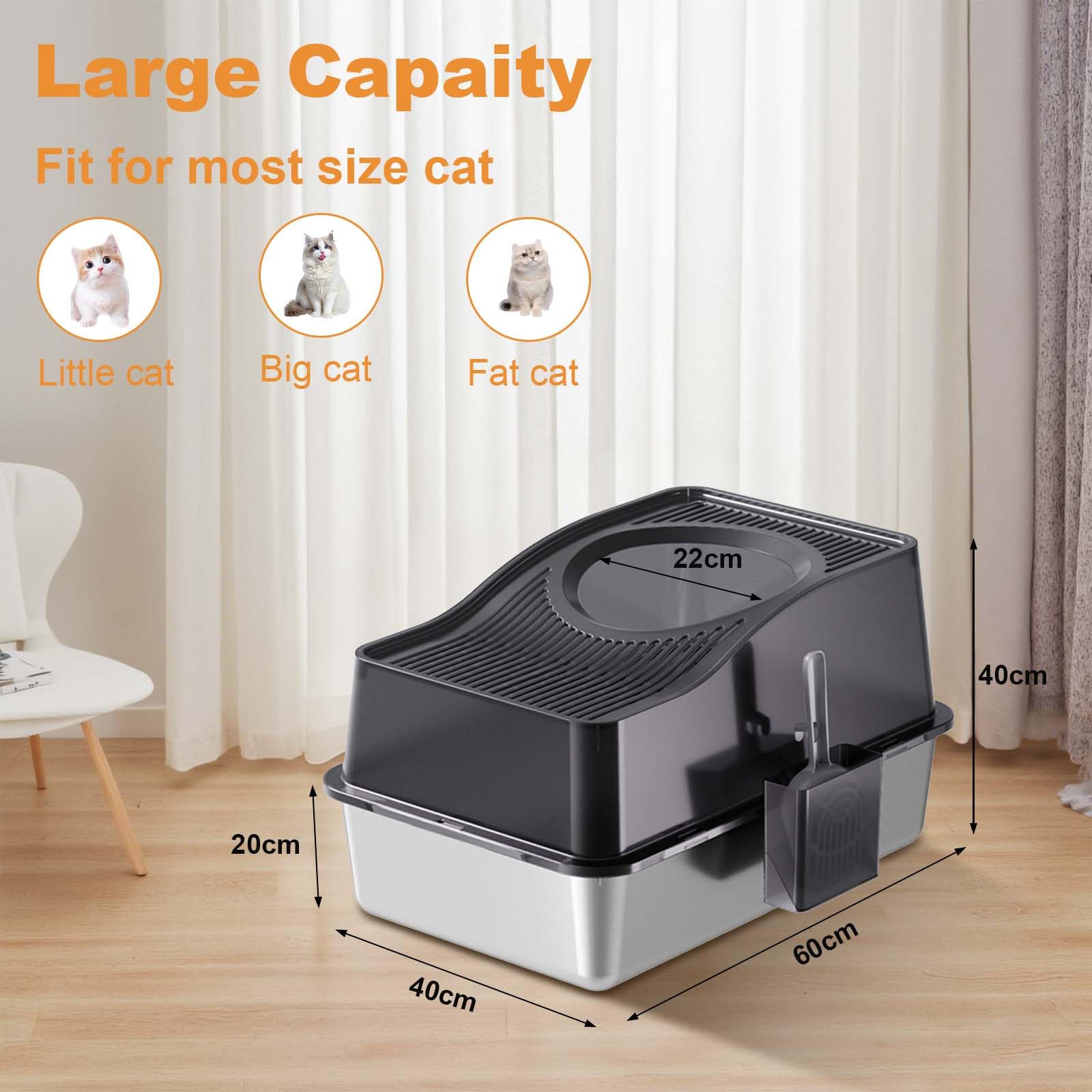 Lettiera per gatti Garvee in acciaio inox con coperchio, extra large, bordi alti, inodore, per gatti fino a 15 kg, argento