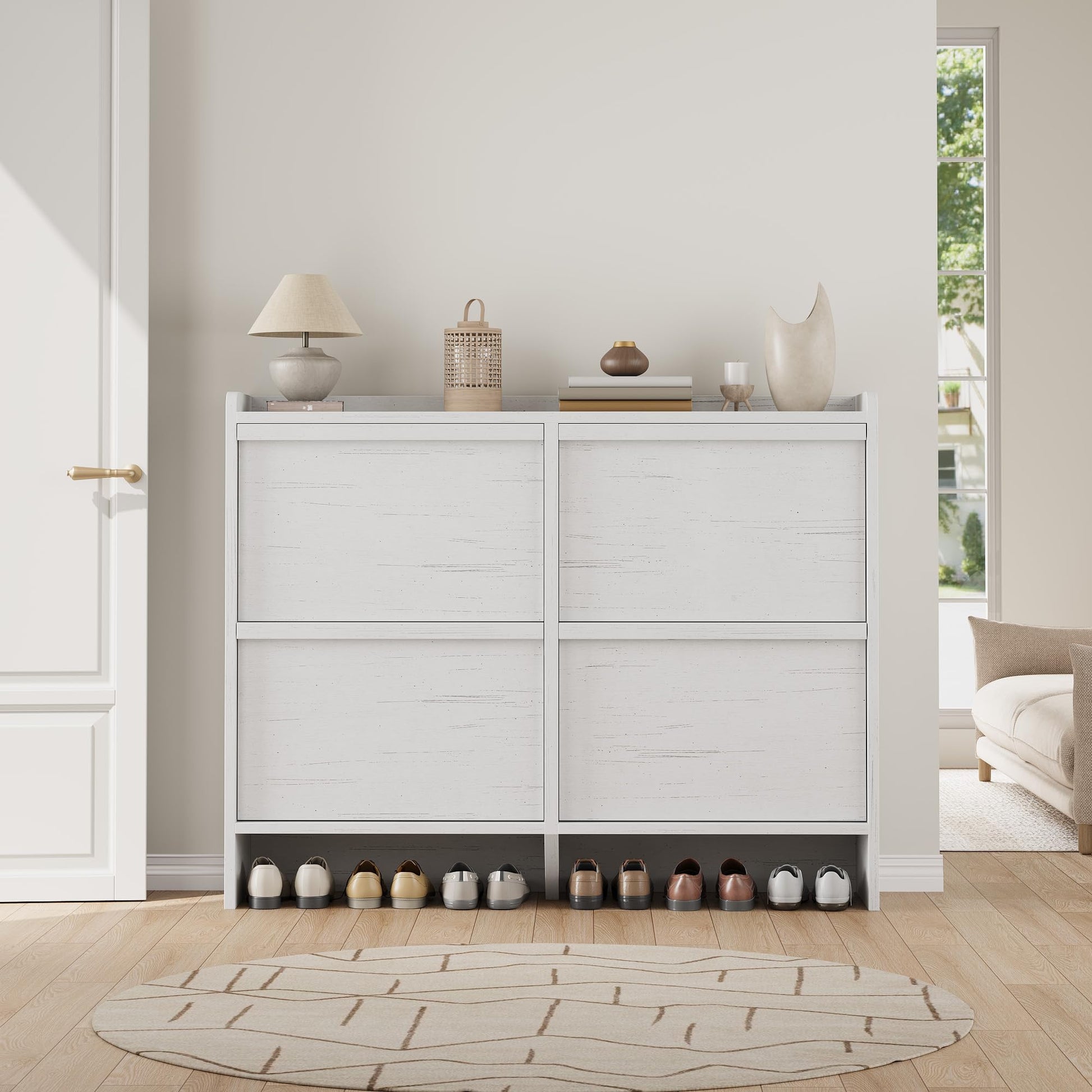 Garvee Mobile Porta Scarpe con 4 Cassetti Ribaltabili, Organizzatore in MDF Bianco per Ingresso e Soggiorno, Salvaspazio, 47.2"x10.3"x36.6"