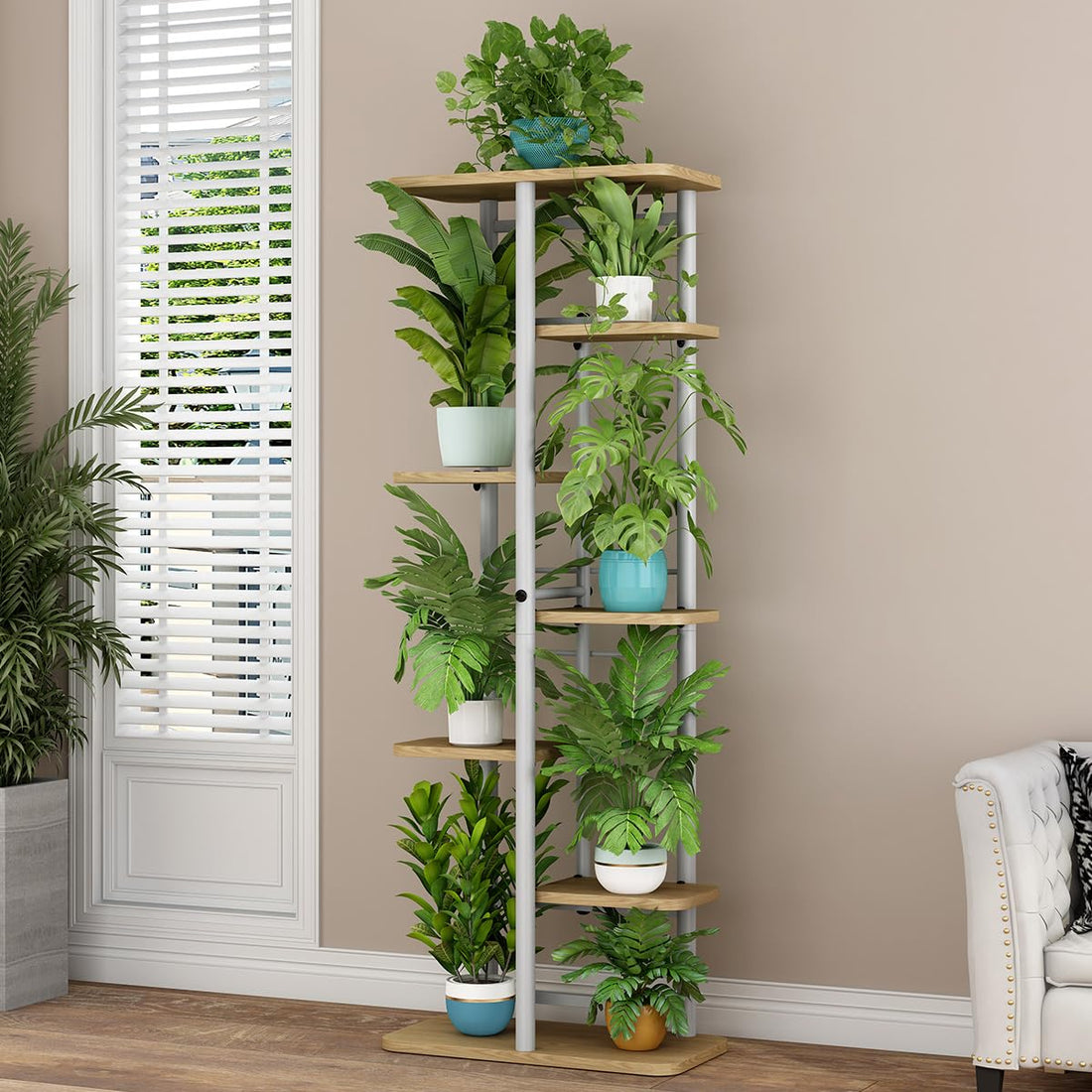 Garvee Portavasi in legno e metallo per uso interno ed esterno, portafiori angolare a più livelli per balcone, giardino, soggiorno, color legno, robusto e salvaspazio