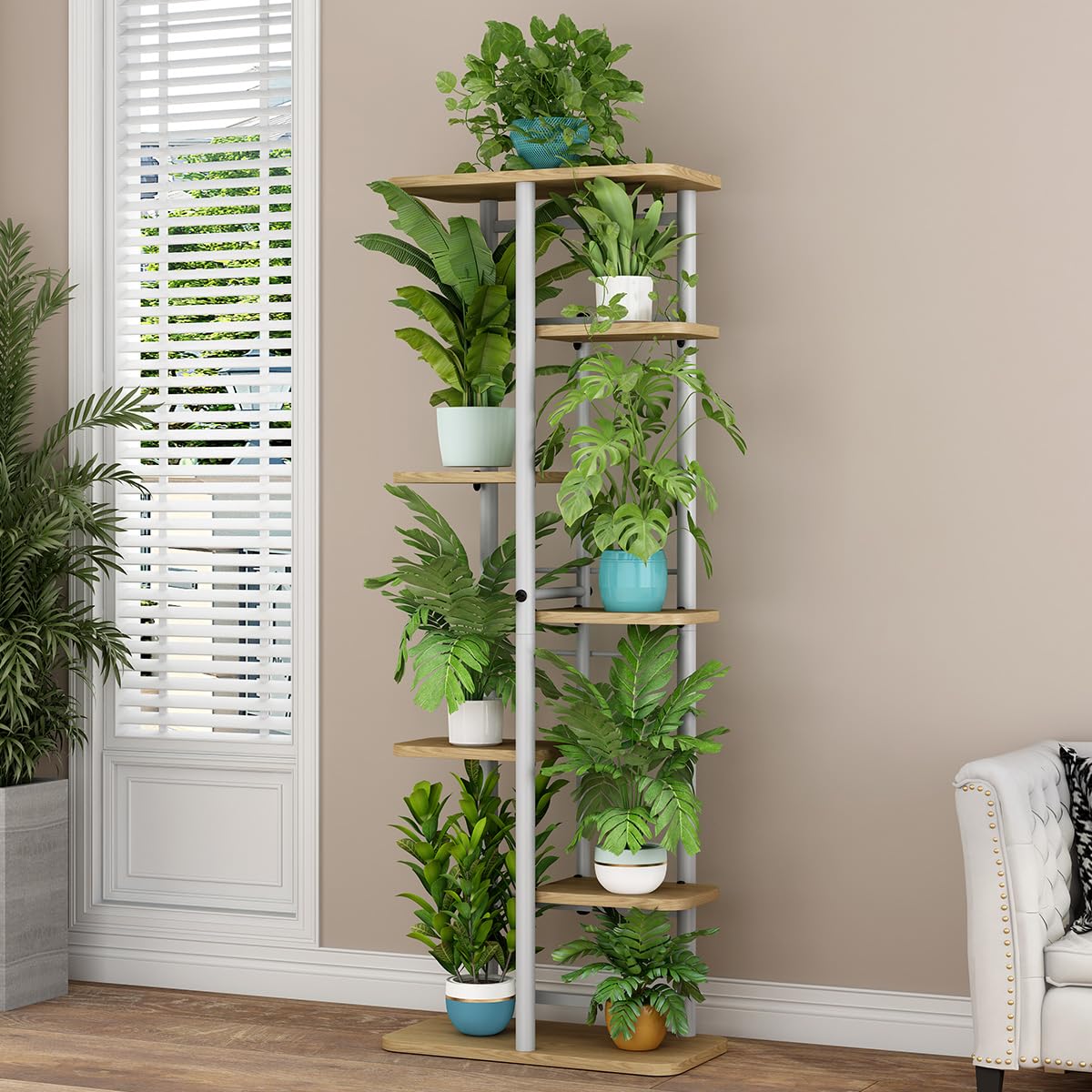 Garvee Portavasi in legno e metallo per uso interno ed esterno, portafiori angolare a più livelli per balcone, giardino, soggiorno, color legno, robusto e salvaspazio