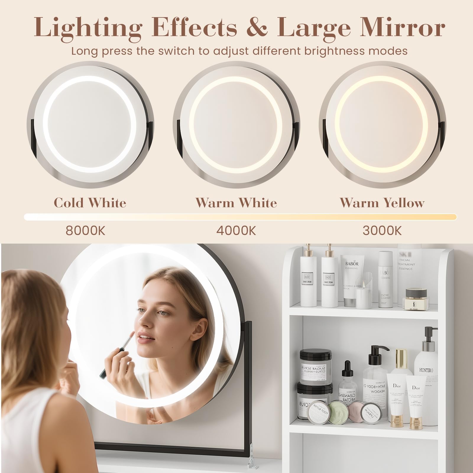 Tavolo da toeletta Garvee Large con rotazione a 360°, illuminazione e sgabello per camera da letto, moderno in bianco e nero