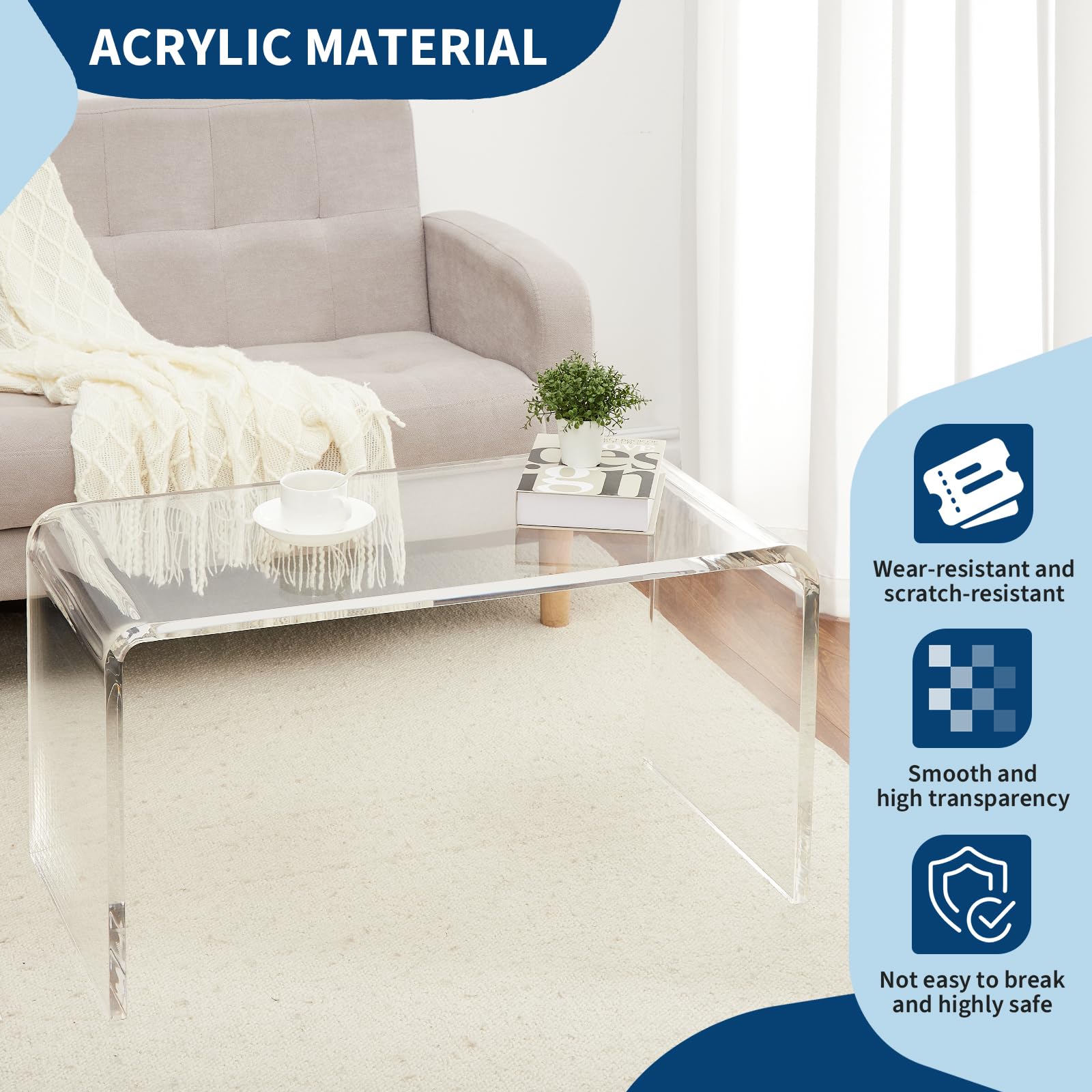 Tavolino da caffè in acrilico Garvee a forma di U trasparente 32x15,8x16,3 pollici Soggiorno Terrazza