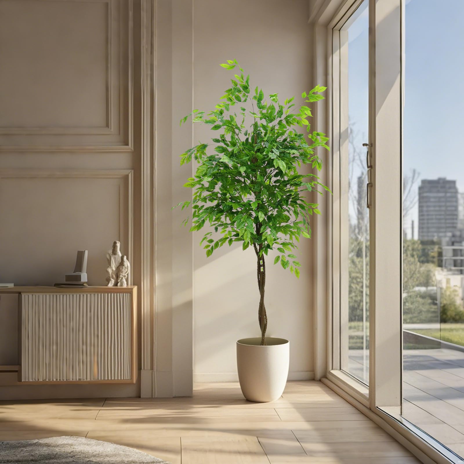 Albero artificiale da interno Garvee con foglie di gomma, tronco naturale, fioriera stabile per casa e ufficio, moderno, facile da curare