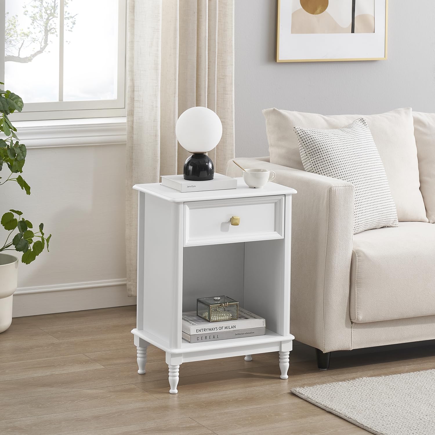 Garvee Set 2 Tavolini Ausiliari Bianchi in MDF con Cassetto e Ripiano, Ideali per Soggiorno e Camera, Design Compatto e Funzionale, Facili da Montare