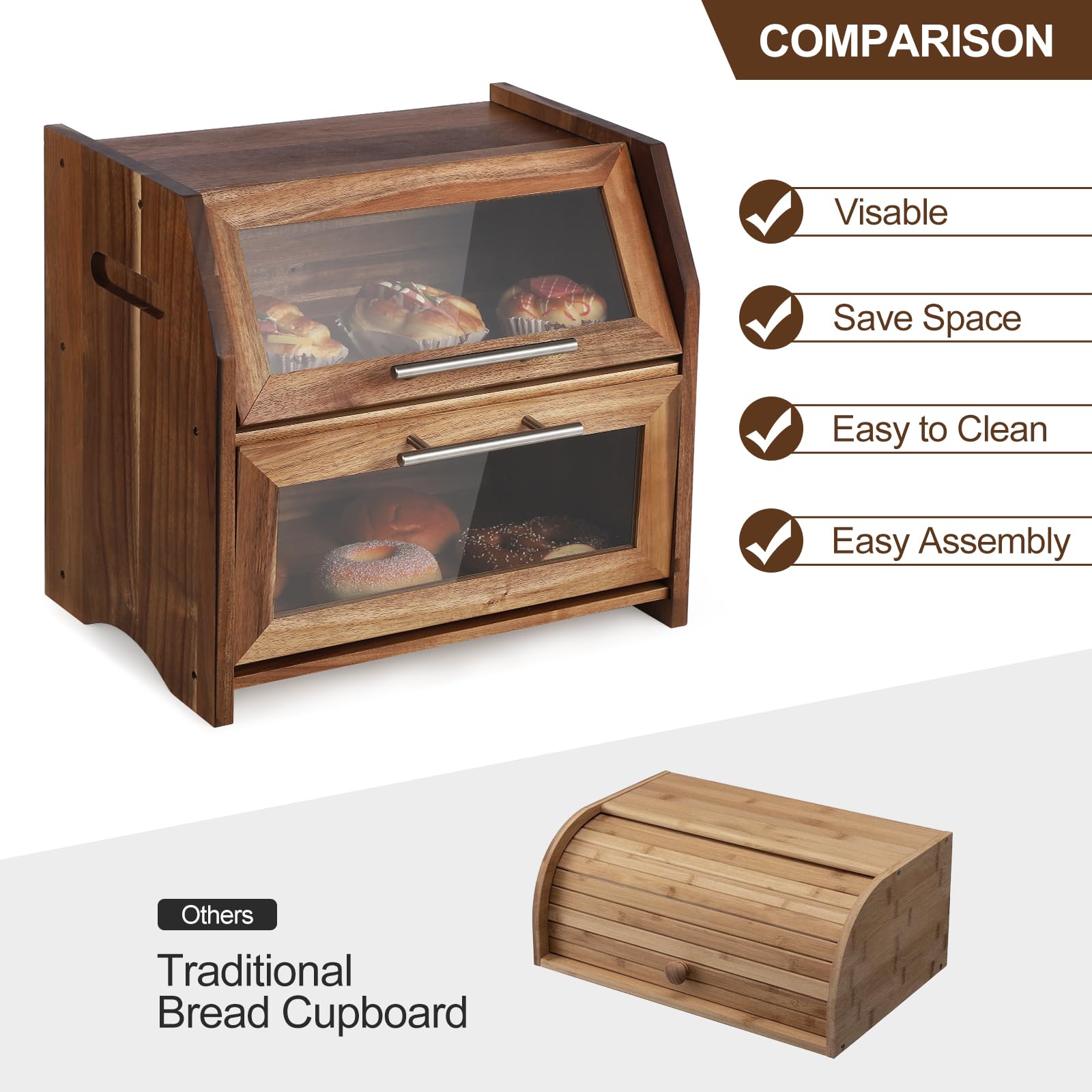 Portapane Garvee a due ripiani in legno di acacia con porta in acrilico e prese d'aria per cucina e tavolo della colazione, 40x26,5x36,5 cm, argento rustico