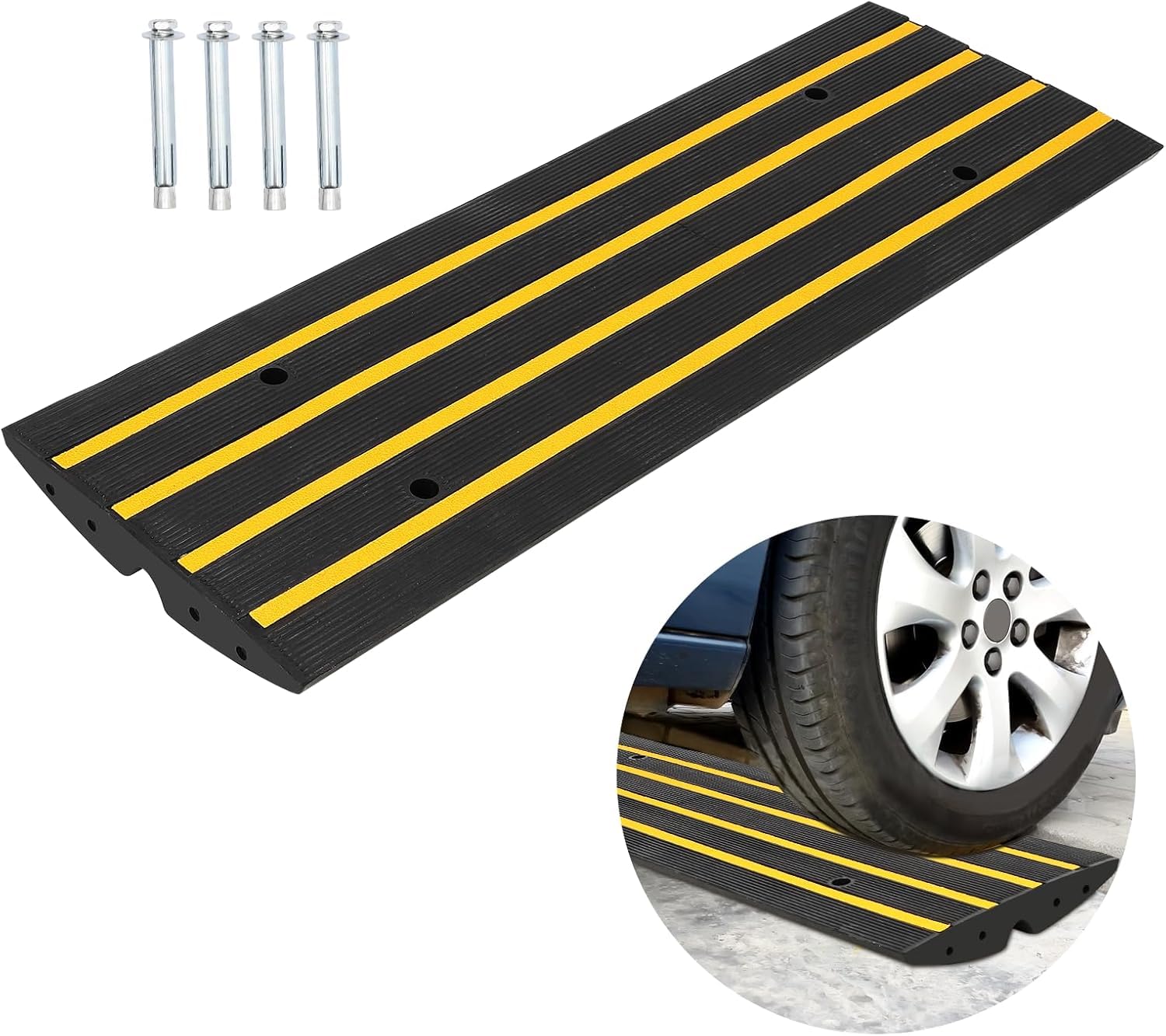 Rampa di soglia in gomma nera Garvee, capacità di carico di 50 tonnellate, lunghezza 48'', antiscivolo, resistente ai raggi UV, protezione dei cavi per auto e sedie a rotelle