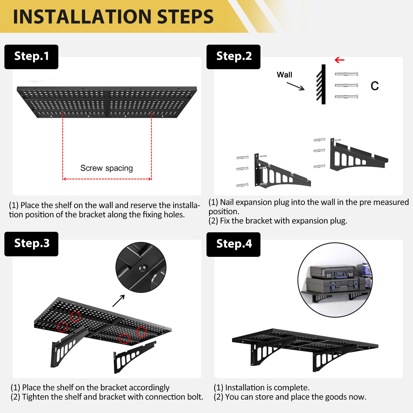 Scaffalatura da parete per garage in acciaio per impieghi gravosi Garvee, confezione da 2, 1,6 x 4 piedi, verniciata a polvere, con ganci per garage e officina, capacità di carico di 560 libbre, collegamento a vite