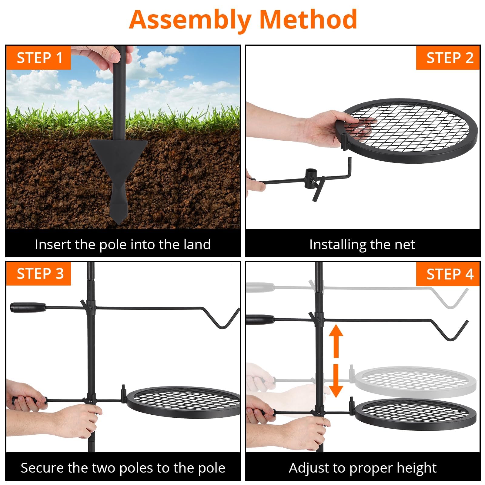 Griglia girevole per falò Garvee, regolabile a 360°, pieghevole, in rete di acciaio, portatile con borsa per il trasporto, per campeggio e barbecue