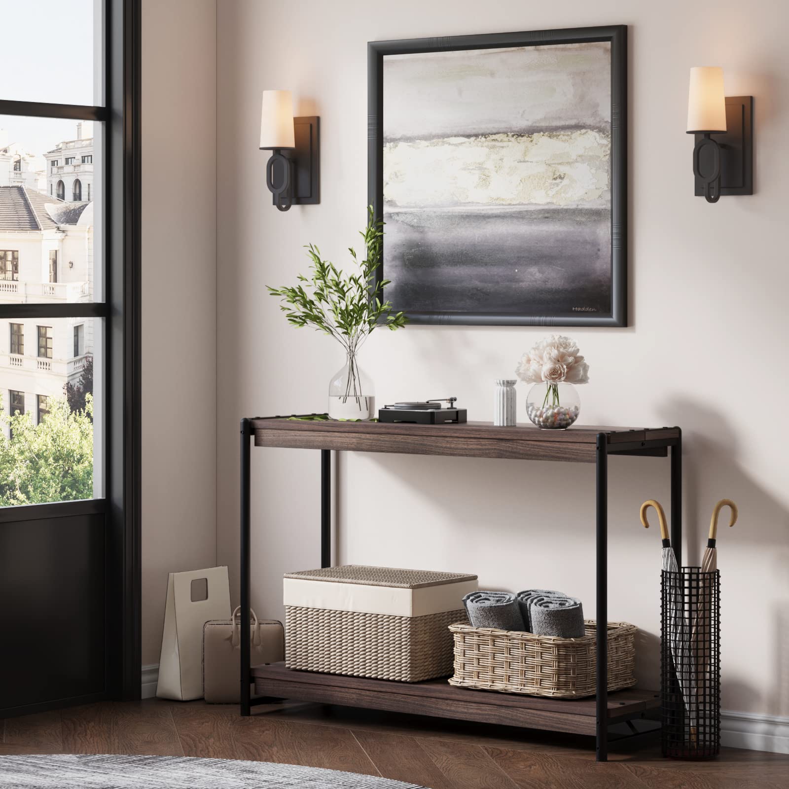 Tavolo consolle stretto Garvee da 39,5" per corridoio, 2 livelli, pannello spesso e alluminio, rustico-moderno, versatile, soggiorno e ingresso