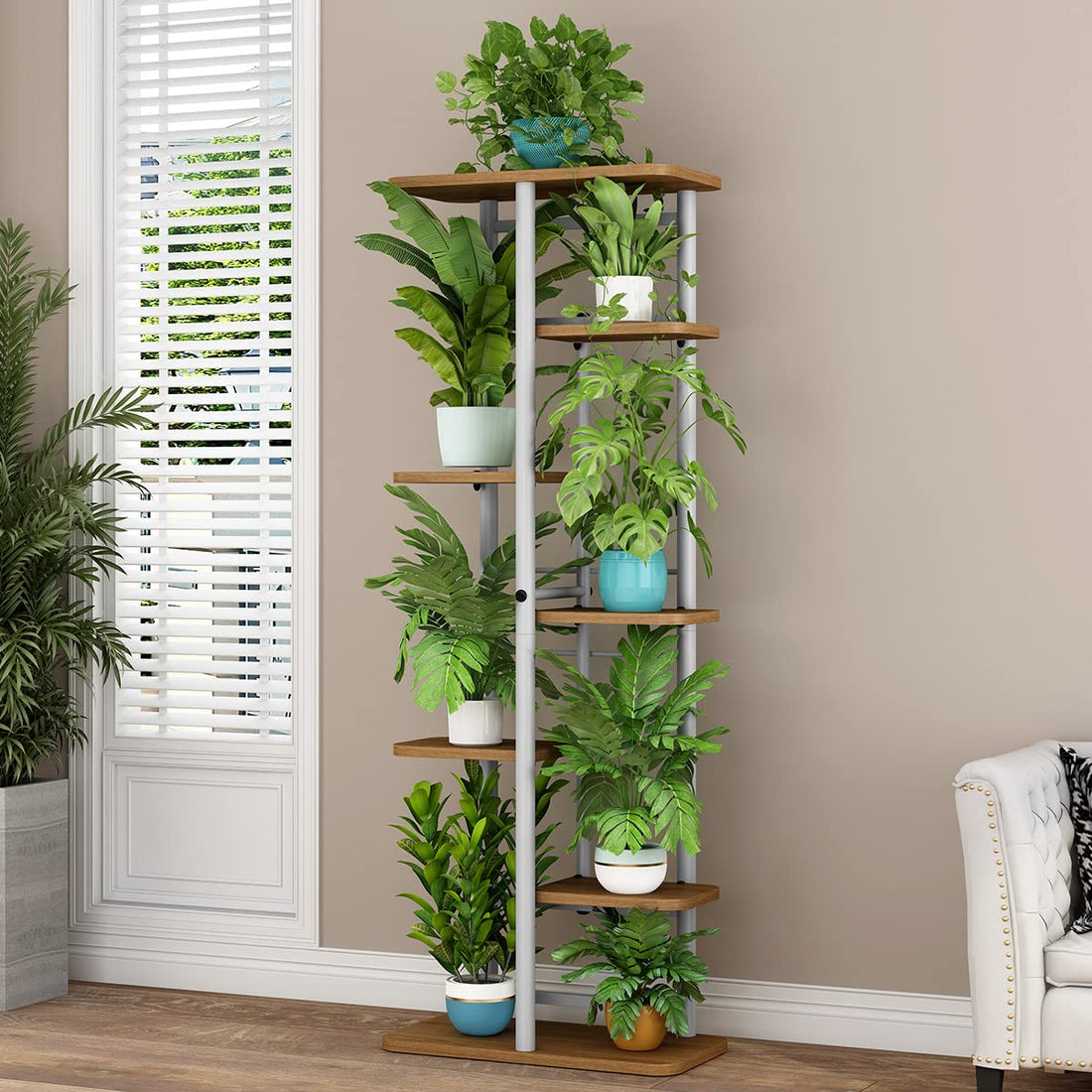 Portavasi Garvee, portafiori in legno e metallo, unità angolare per soggiorno, balcone, giardino, piante multiple, color legno, multilivello