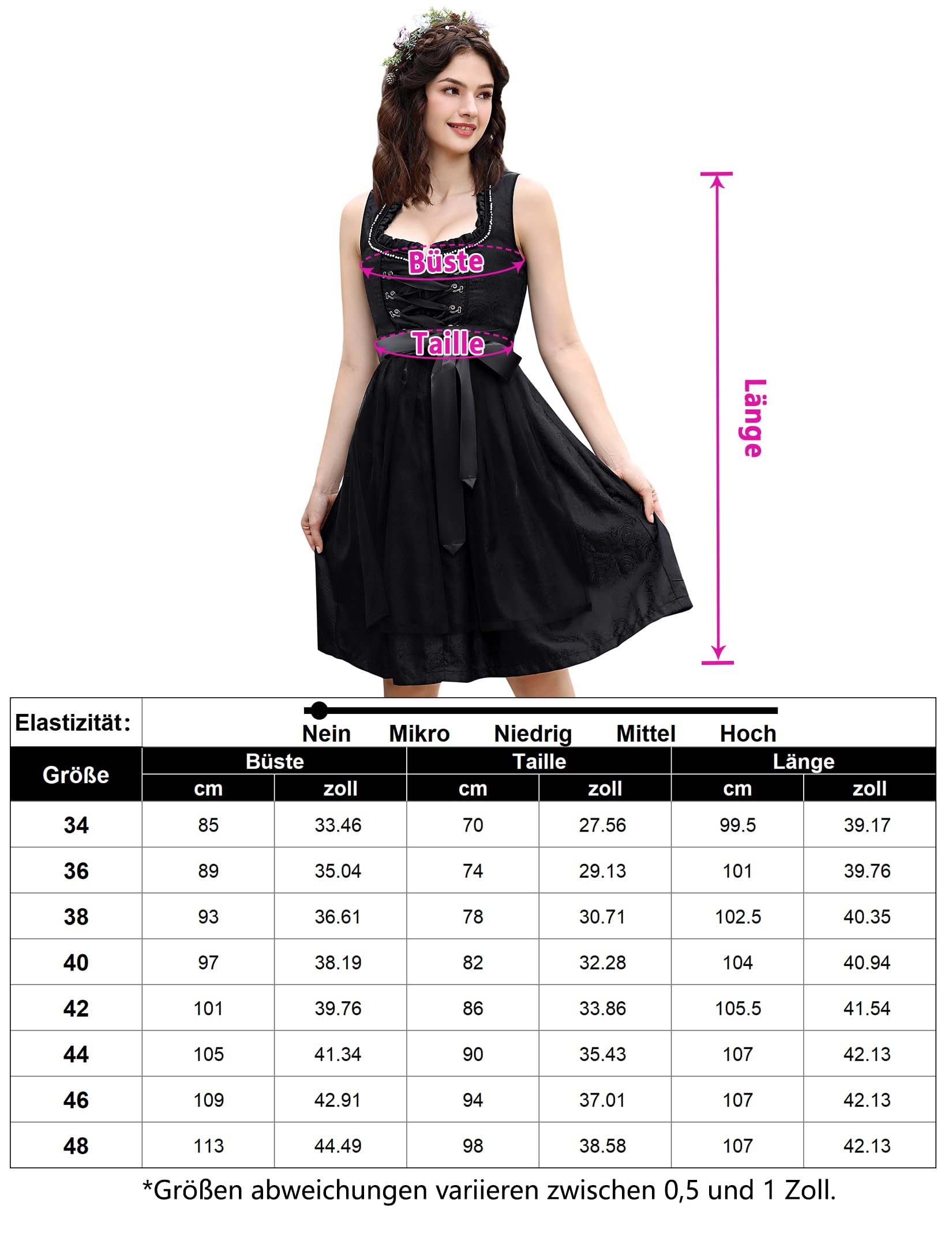 Garvee Dirndl Abito corto tradizionale midi da donna con grembiule in pizzo in 2 pezzi per l'Oktoberfest Nero 34