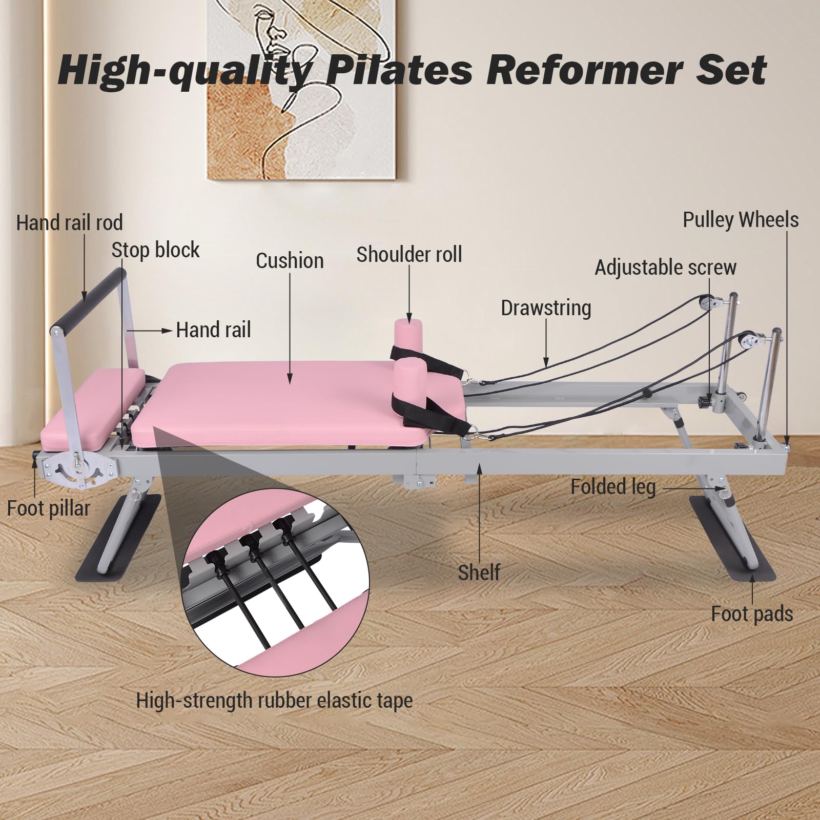Garvee Pilates Reformer Machine Rosa Pieghevole con Fasce di Resistenza per Fitness a Casa 77,55" X 22,44" X 28,54"
