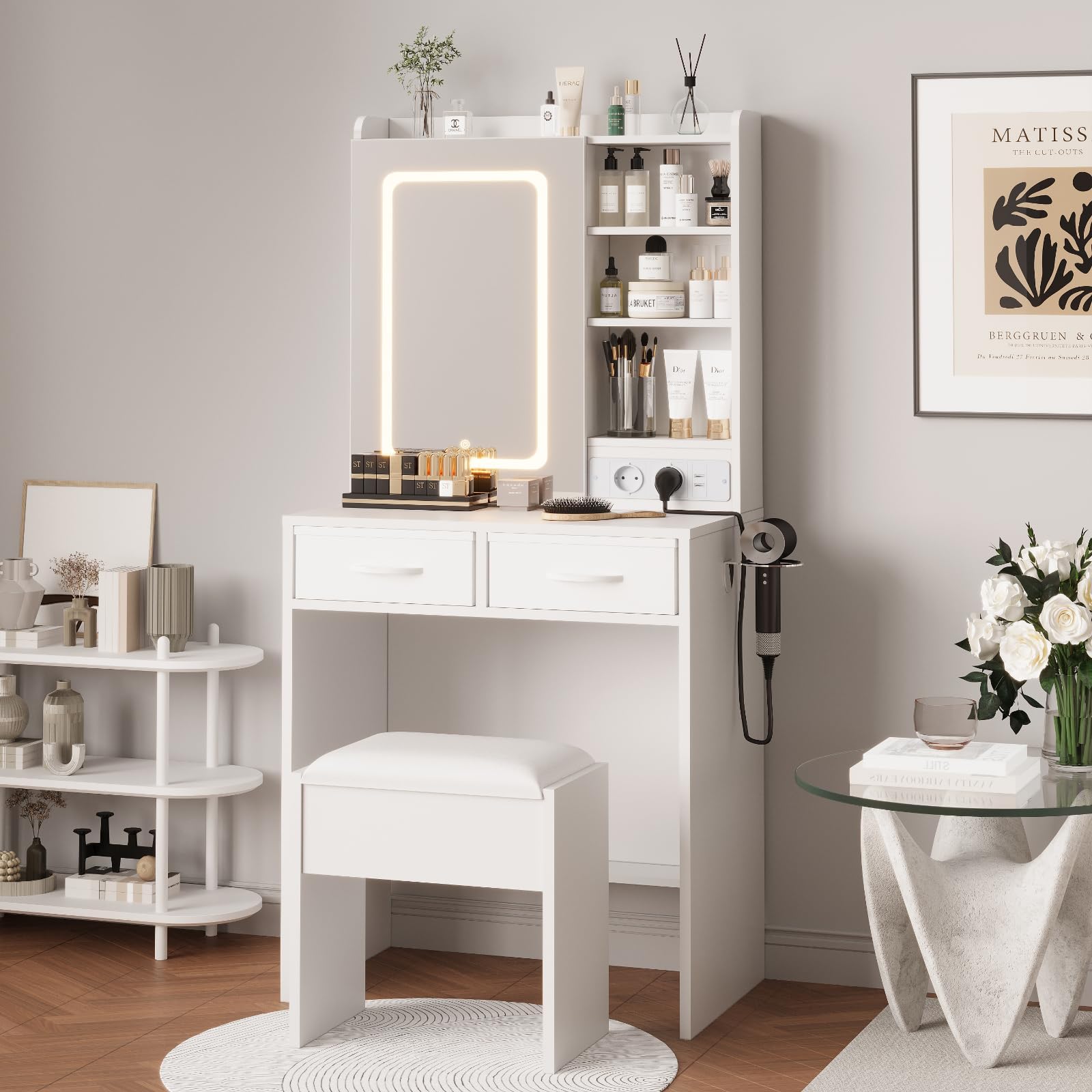 Tavolo da toeletta Garvee con illuminazione a LED e specchio, sgabello imbottito, 2 cassetti, 3 scomparti, stazione di ricarica, illuminazione dimmerabile, bianco/nero/rosa