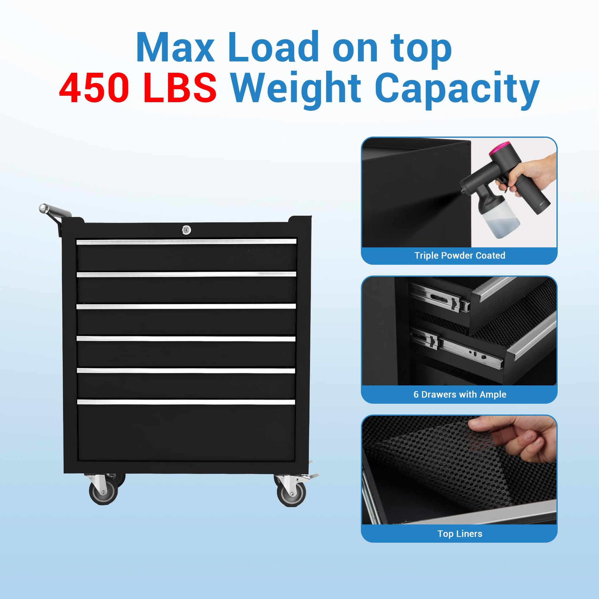 Carrello portautensili Garvee con 6 cassetti, ruote, serratura, acciaio per officina e garage, 24 pollici, nero