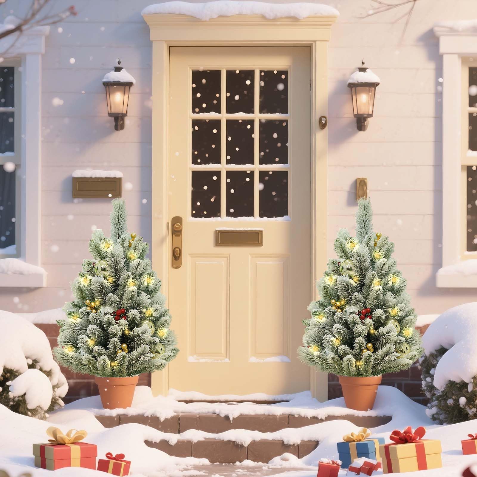 Garvee Set di 2 pezzi Albero di Natale artificiale da 75 cm con luci a LED e bacche rosse per decorazioni natalizie, floccato, stabile, bianco invernale e rosso