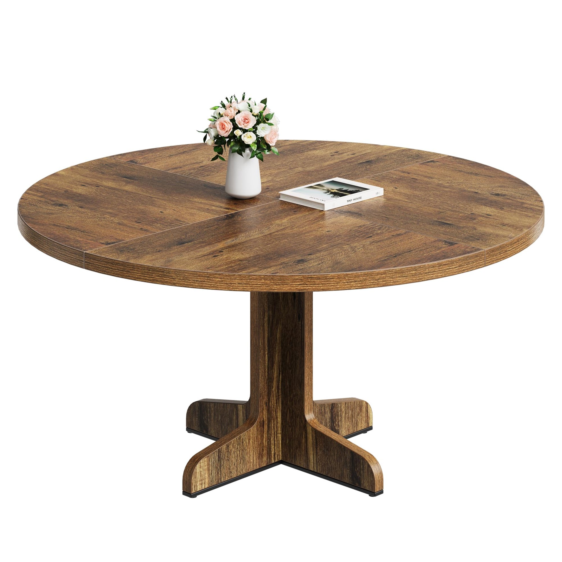 Tavolo da pranzo rotondo Garvee da 47" per 4 persone con robusta struttura in metallo e piano in MDF, design rustico per cucina e soggiorno, marrone