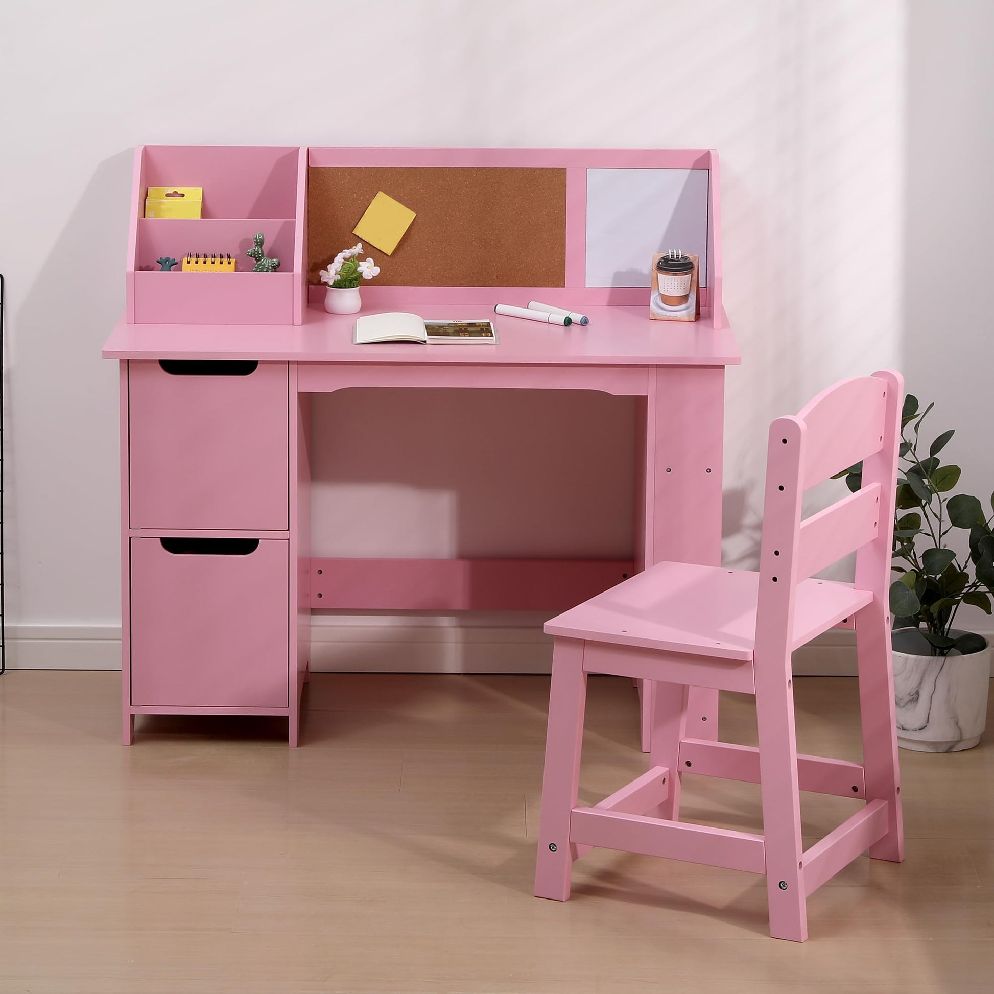 Set scrivania e sedia per bambini Garvee, in legno con contenitore, rosa, per casa e scuola, ergonomico e robusto