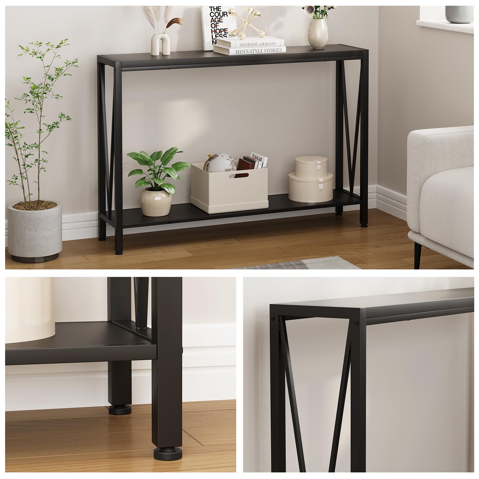 Tavolo consolle stretto a 2 ripiani Garvee per divano, ingresso, corridoio, soggiorno, 42.9x9.8x29.9 pollici, nero, salvaspazio, robusto