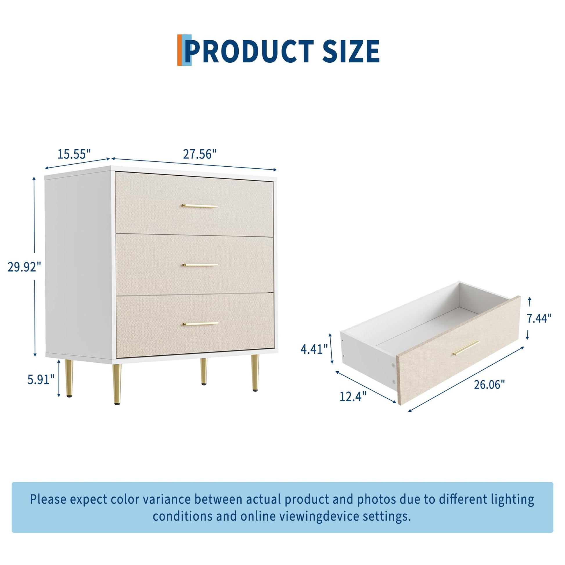 Elegante cassettiera Garvee a 3 cassetti, bianca con dettagli dettagliati, per camera da letto e soggiorno, design minimalista, struttura robusta