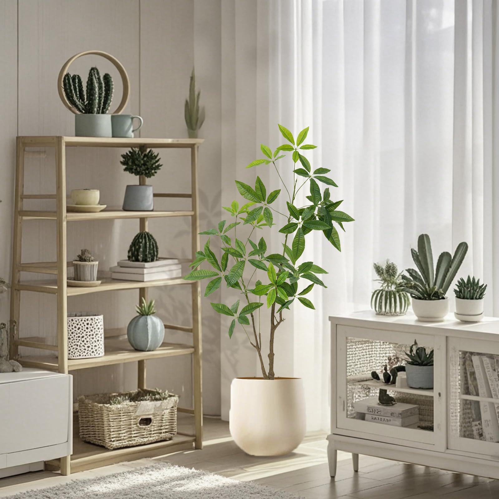 Albero dei soldi artificiale Garvee, 4 piedi, Pachira da interno, portafortuna, facile da pulire, foglie personalizzabili, durevoli, decorazione per ufficio e soggiorno, verde