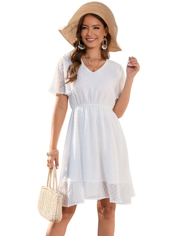 Abito estivo da donna Garvee con scollo a V, manica corta, a trapezio, per matrimonio, formale, bianco, taglia S