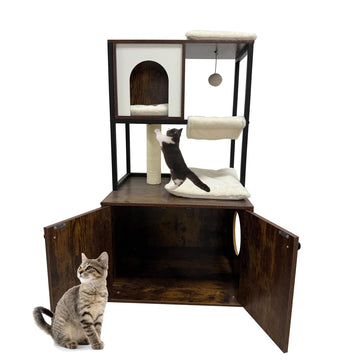 Angolo per gatti Garvee con lettiera, casetta in legno, tiragraffi, amaca, marrone, per angoli del soggiorno