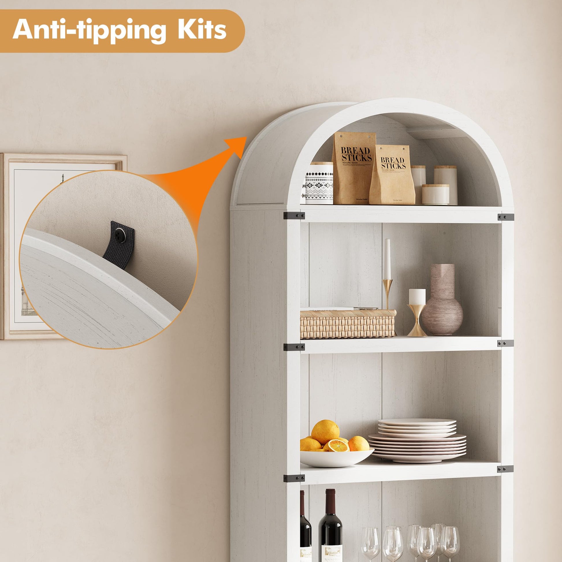 Libreria Garvee a 5 ripiani in legno di fattoria ad arco, protezione angolare in metallo bianco, soggiorno, ufficio, 71,65 pollici