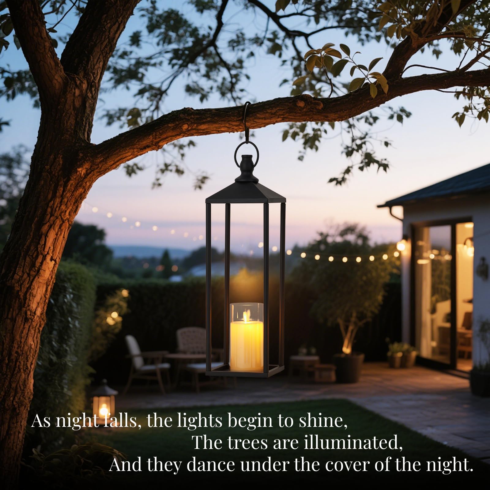 Garvee Set di 3 lanterne decorative in metallo con candele LED senza fiamma, nere, per uso interno ed esterno, giardino e terrazza, 22", 19", 17"