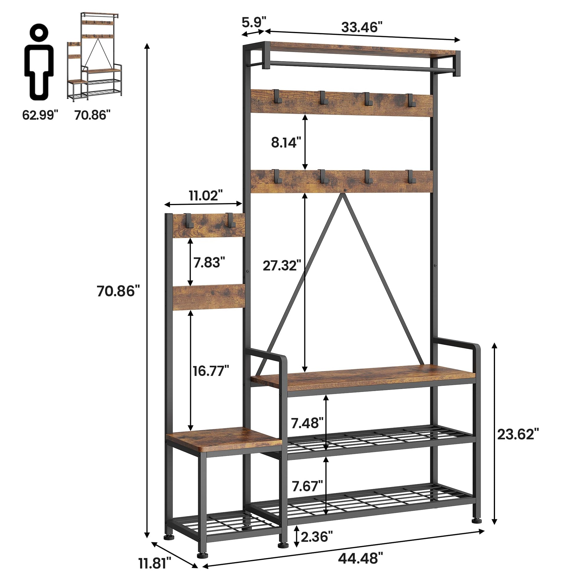 Appendiabiti Garvee con scarpiera e contenitore, robusta struttura in metallo, 8 ganci e ripiano, MDF, rustico, piedini regolabili, corridoio e soggiorno