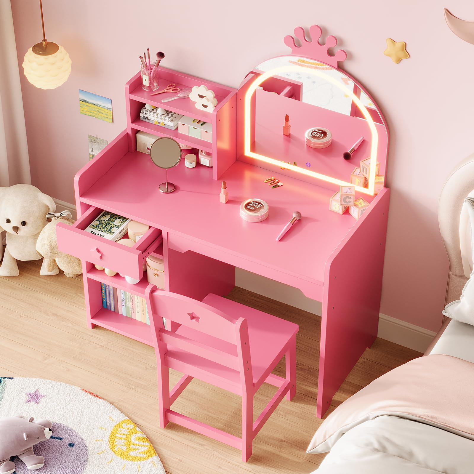 Tavolo da toeletta per bambini Garvee con specchio illuminato, set da toeletta 2 in 1 a forma di principessa, contenitore in legno per la cameretta delle bambine, cassaforte