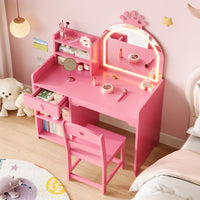 Tavolo da toeletta per bambini Garvee con specchio illuminato, set da toeletta 2 in 1 a forma di principessa, contenitore in legno per la cameretta delle bambine, cassaforte