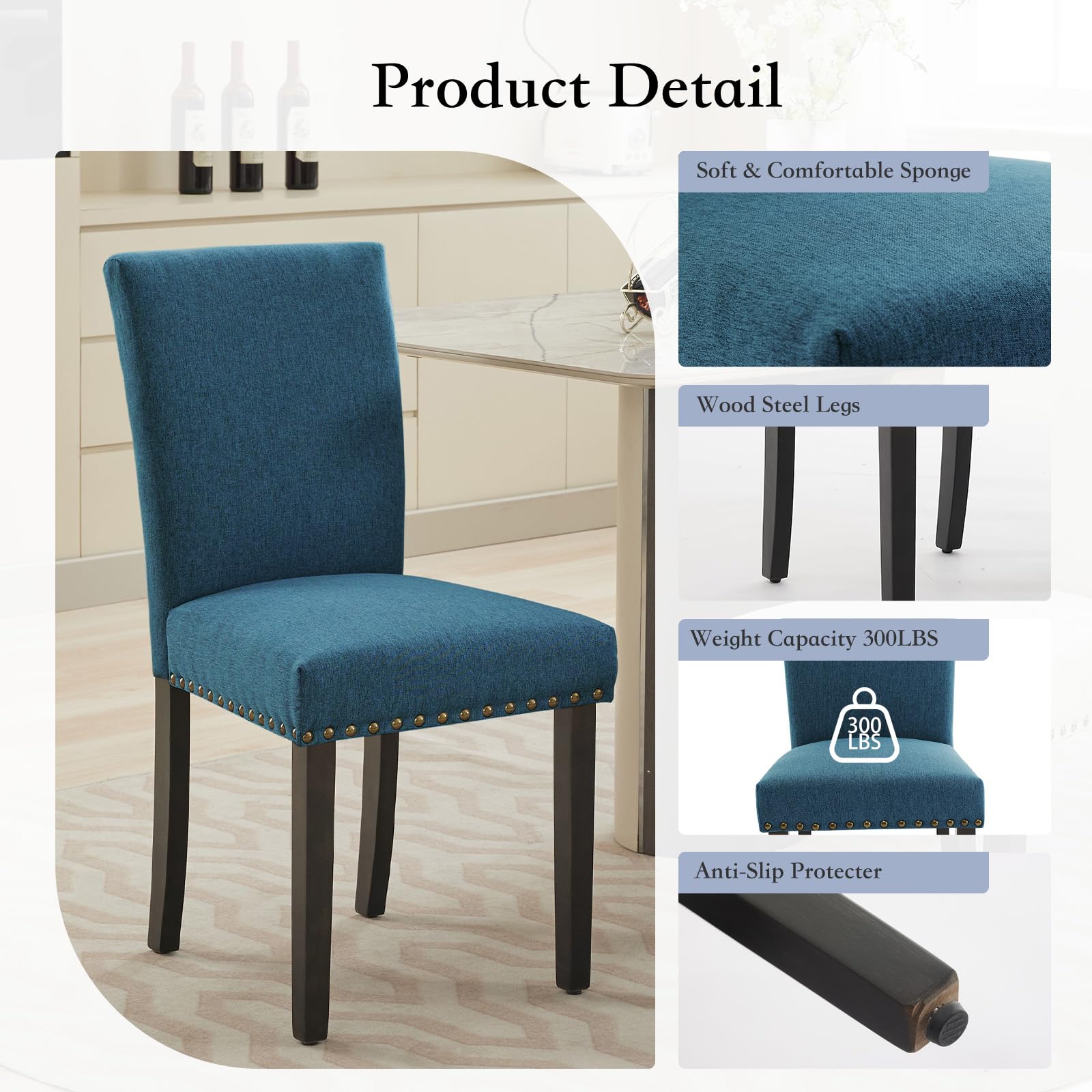 Set 2 sedute Pranzo Garvee, ergonomiche, imbottite, in tessuto di Lino, Blu Scuro, per soggiorno e sala da Pranzo