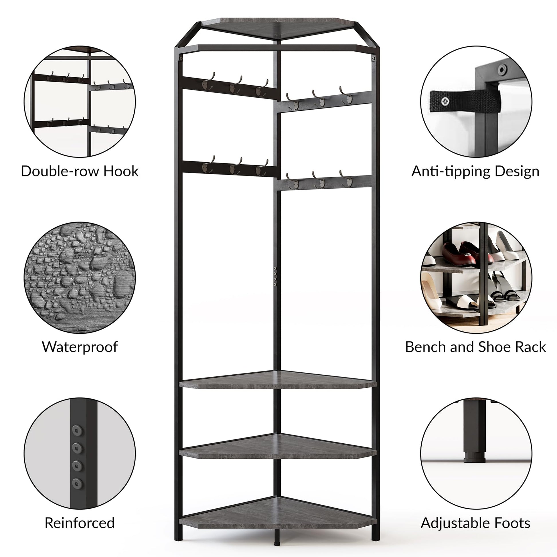 Armadio angolare Garvee con panca portascarpe, 6 ganci doppi, legno robusto, antiribaltamento, per corridoio e ingresso, 70,8 pollici, legno naturale